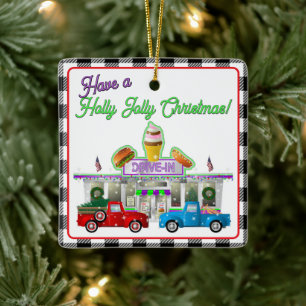 Kleine rode vrachtwagen met Drive-In Diner Keramisch Ornament