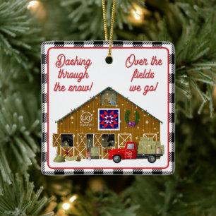 Kleine rode vrachtwagen met paard ranch schuur keramisch ornament