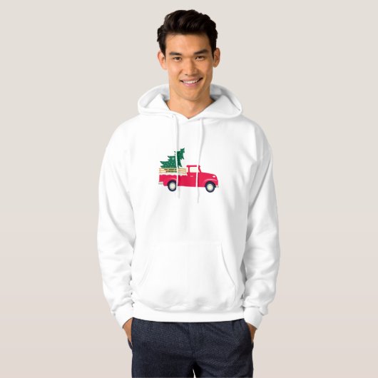Kleine Rode Vrachtwagen slepen een Kerstboom Joke Hoodie (Voorkant volledig)