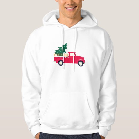 Kleine Rode Vrachtwagen slepen een Kerstboom Joke Hoodie (Voorkant)