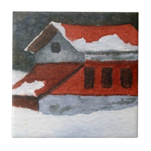Kleine rode winterschuur met sneeuw tegeltje