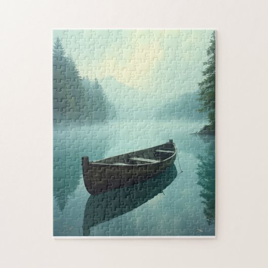 Kleine roeiboot op een nevelig meer legpuzzel (Verticaal)