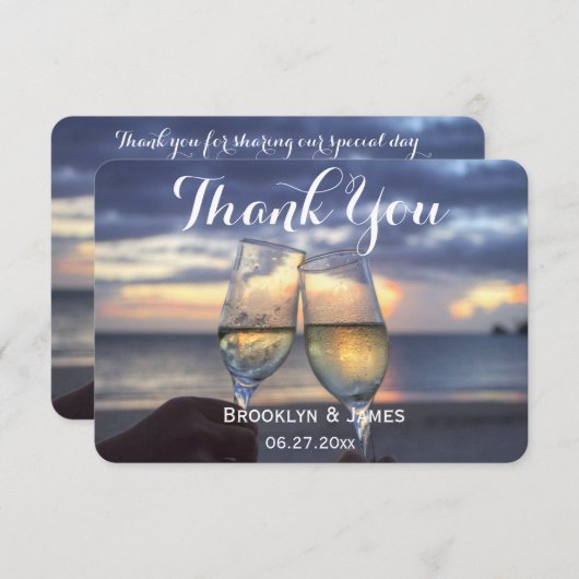 Kleine ronde zonsondergang op strand bruiloft beda bedankkaart (Voorkant / Achterkant)