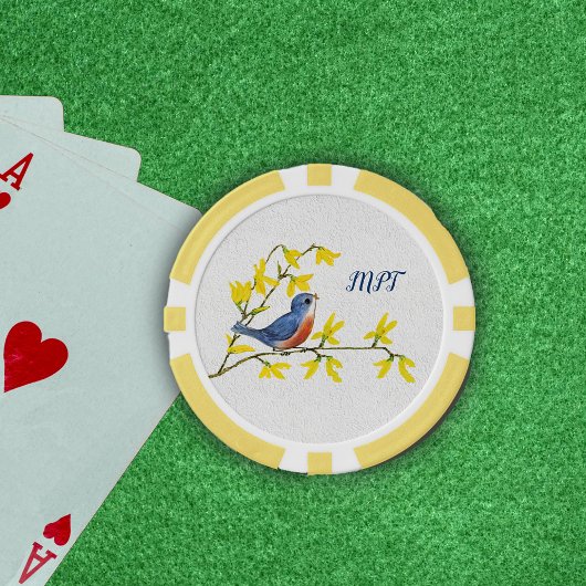 Kleine Rood Blauw Zingende Vogel op Tak Bloemen Poker Chips