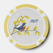 Kleine Rood Blauw Zingende Vogel op Tak Bloemen Poker Chips (Achterkant)