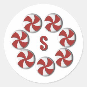 Kleine Rood & Witte Pepermunt Monogram Vakantie Ronde Sticker