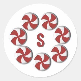Kleine Rood & Witte Pepermunt Monogram Vakantie Ronde Sticker
