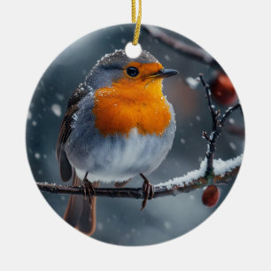 Kleine roodborstvogel zit op een tak in de winter keramisch ornament