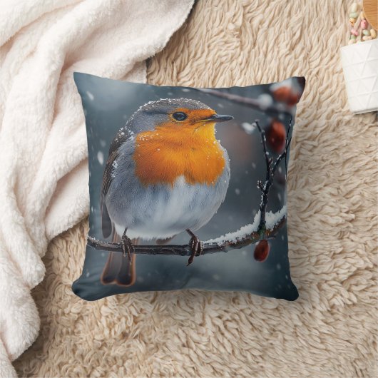 Kleine roodborstvogel zit op een tak in de winter kussen (Deken)