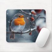 Kleine roodborstvogel zit op een tak in de winter muismat (Met muis)