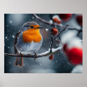 Kleine roodborstvogel zit op een tak in de winter poster