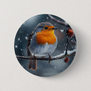 Kleine roodborstvogel zit op een tak in de winter ronde button 5,7 cm