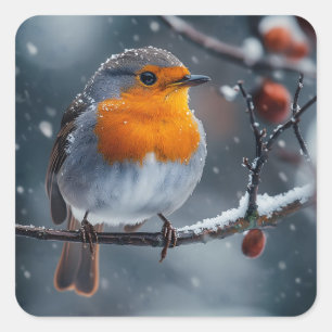 Kleine roodborstvogel zit op een tak in de winter vierkante sticker
