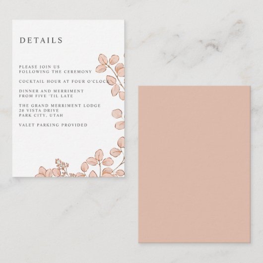Kleine roze bladeren WEDDING Hotel Accommodatie Informatiekaartje (Voorkant / Achterkant)
