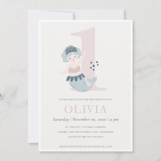 Kleine roze blauwe zeemeermin, 1e verjaardag uitno bedankkaart (Voorkant)