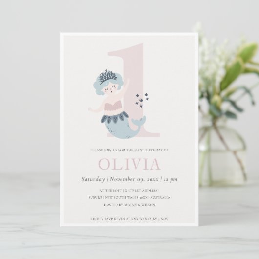 Kleine roze blauwe zeemeermin, 1e verjaardag uitno bedankkaart