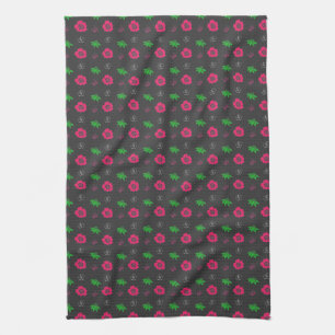 kleine roze bloemen en groene bladeren. Grafisch f Theedoek
