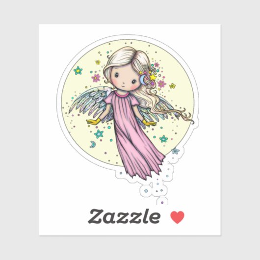 Kleine Roze Engel Drijvend bij Maan Sticker (Vel)