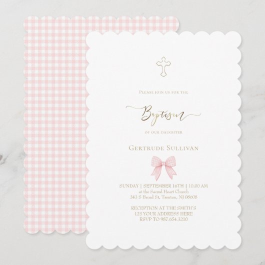 kleine roze gingham strik | Doopsel Kaart (Voorkant / Achterkant)
