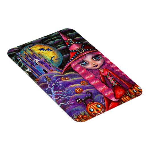 Kleine roze heks Big Eyes Halloween Black Cat Magneet (Rechterzijde)