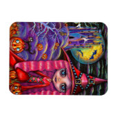 Kleine roze heks Big Eyes Halloween Black Cat Magneet (Horizontaal)