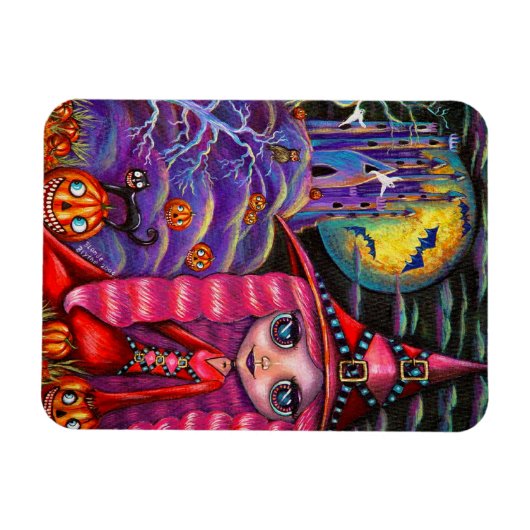 Kleine roze heks Big Eyes Halloween Black Cat Magneet (Horizontaal)