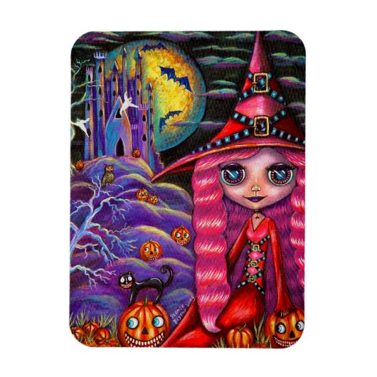 Kleine roze heks Big Eyes Halloween Black Cat Magneet (Verticaal)