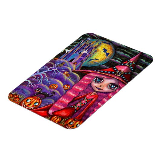 Kleine roze heks Big Eyes Halloween Black Cat Magneet (Linkerzijde)