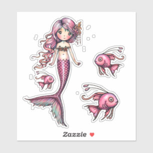 Kleine Roze Zeemeermin en Vis Illustratie Sticker