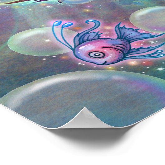 Kleine roze zeemeermin met vis en bubbels Fantasy Poster (Hoek)