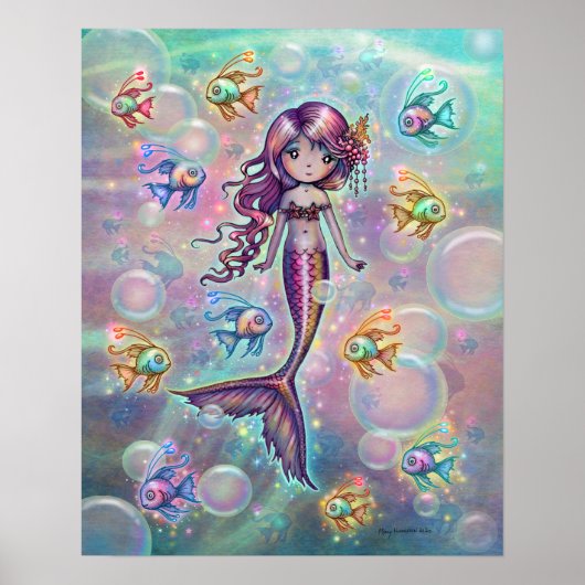 Kleine roze zeemeermin met vis en bubbels Fantasy Poster (Voorkant)