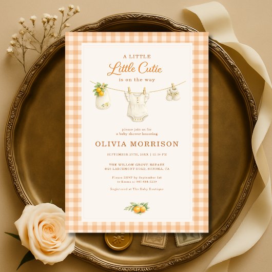 Kleine schat oranje geruite babyshower kaart
