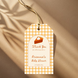 Kleine schat pompoentaart geruite babyshower cadeaulabel