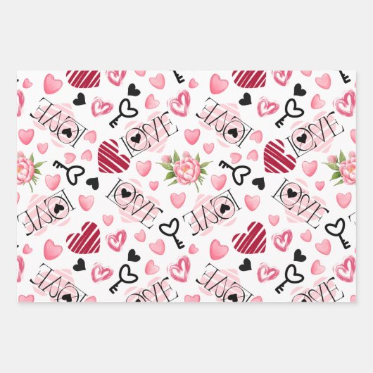 Kleine Schattigee Witte & Roze Harten Valentijnsda Inpakpapier Vel (Voorkant)