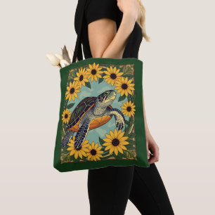 Kleine schildpad en zwartogige madeliefbloemen tote bag