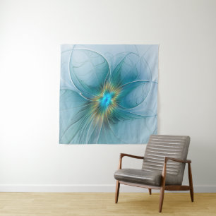 Kleine schoonheid moderne blauwe gouden fractale k wandkleed