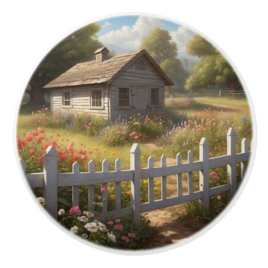 Kleine schuur op het platteland keramische knop (Voorkant)