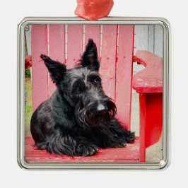 Kleine Scottie in een grote rode stoel Metalen Ornament