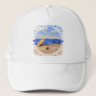 Kleine Scottie speelt op het strand Trucker Pet