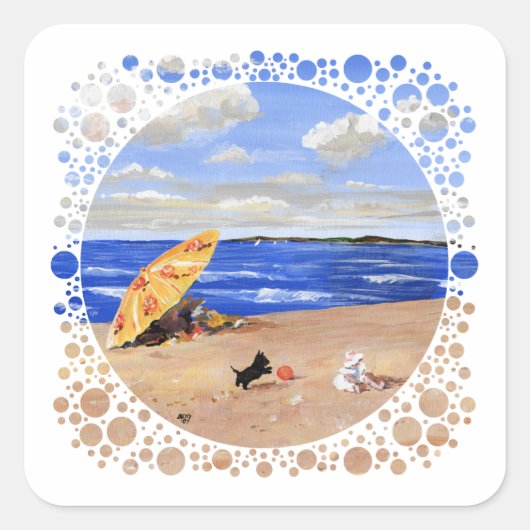 Kleine Scottie speelt op het strand Vierkante Sticker (Voorkant)