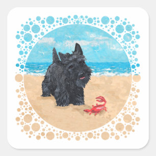 Kleine Scottie vindt een krab bij het strand Vierkante Sticker