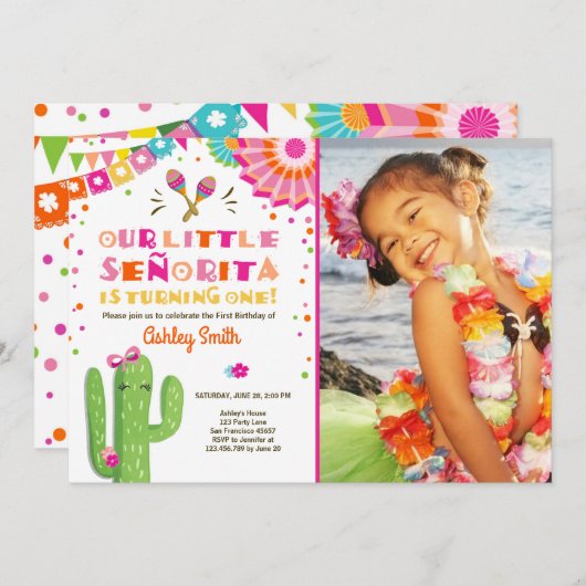 Kleine Senorita Fiesta Cactus Roze Eerste Verjaard Kaart (Voorkant / Achterkant)