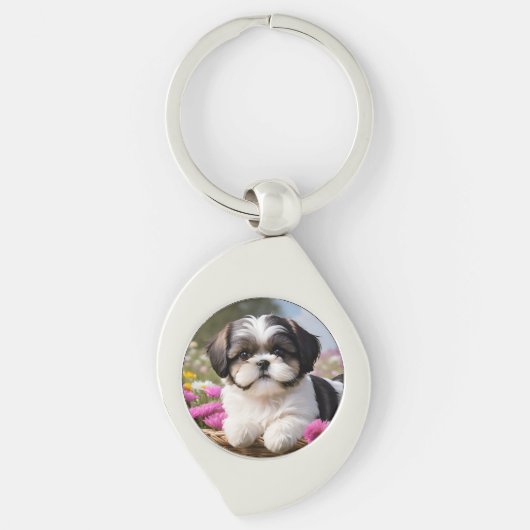 Kleine Shih Tzu Puppy Mand Basket Bloemen Sleutelhanger (Voorkant)
