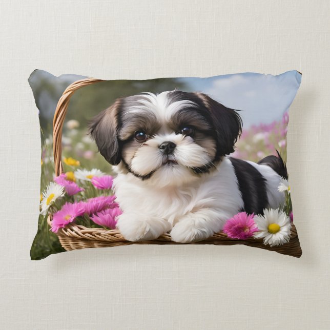 Kleine Shih Tzu Puppymand Bloemen Accent Kussen (Voorkant)