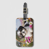 Kleine Shih Tzu Puppymand Bloemen Bagagelabel (Voorkant (verticaal))
