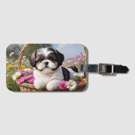 Kleine Shih Tzu Puppymand Bloemen Bagagelabel (Voorkant (horizontaal))