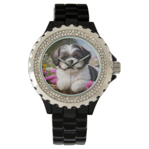 Kleine Shih Tzu Puppymand Bloemen Horloge