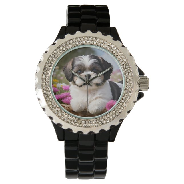 Kleine Shih Tzu Puppymand Bloemen Horloge (Voorkant)