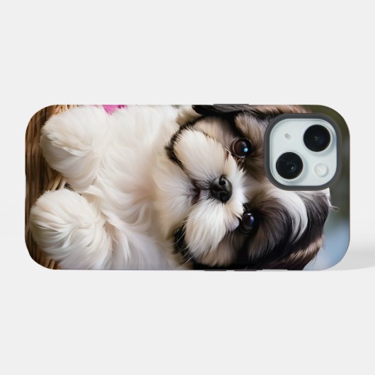 Kleine Shih Tzu Puppymand Bloemen iPhone 15 Case (Achterkant horizontaal)
