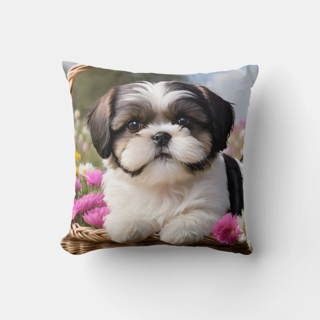 Kleine Shih Tzu Puppymand Bloemen Kussen (Voorkant)
